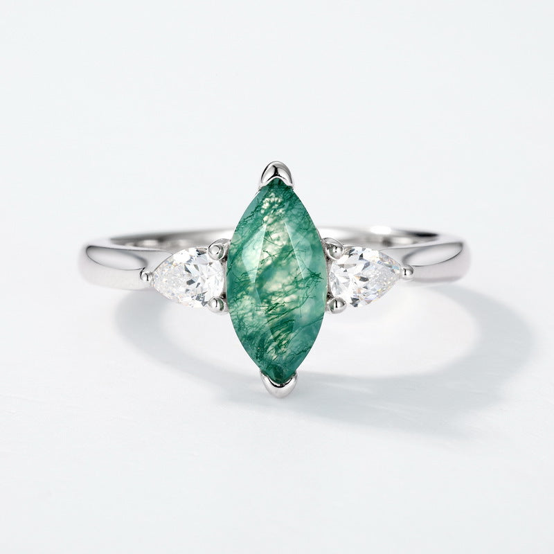 Planderful Jewelry Sterling Silver Ring With Marquise Green Moss Agate Gem Elegant Everyday Jewelry