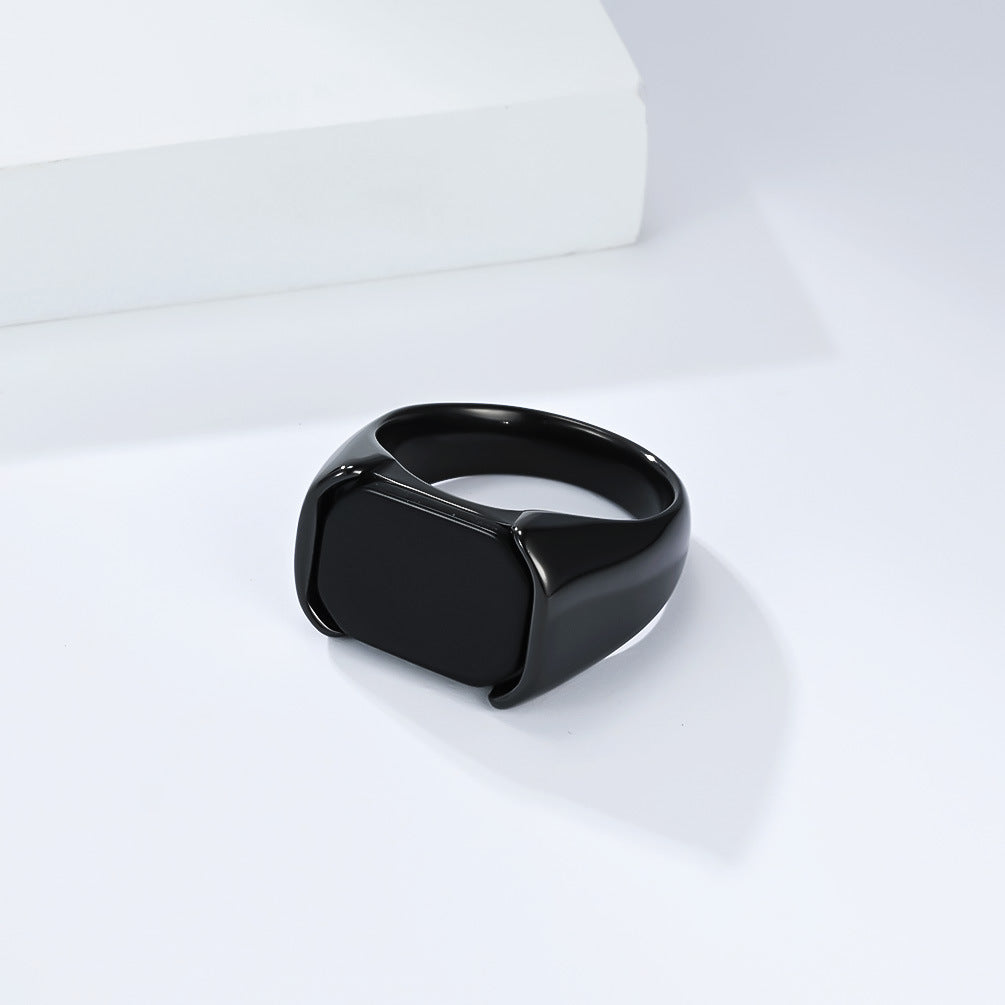 Planderful Glossy Black Gemstone Titanium Steel Ring For Everyday Wear Unisex Bold Minimal Jewelry Sizes 8 To 13
