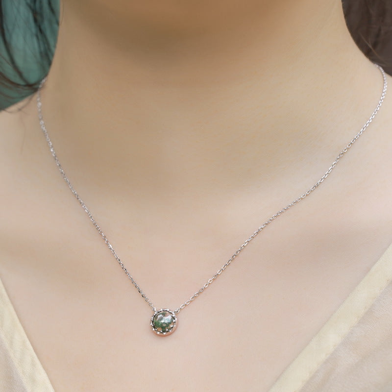 Planderful Jewelry Moss Agate Necklace in Sterling Silver With Zircon Inlays Elegant Retro Style