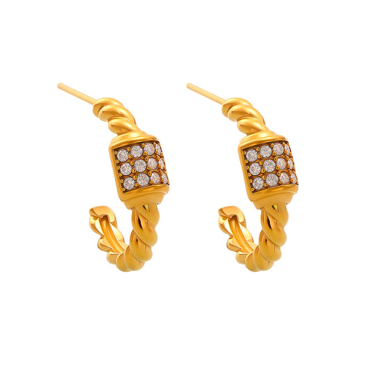 Planderful C Shaped Twist Zircon Earrings 18k Gold Women