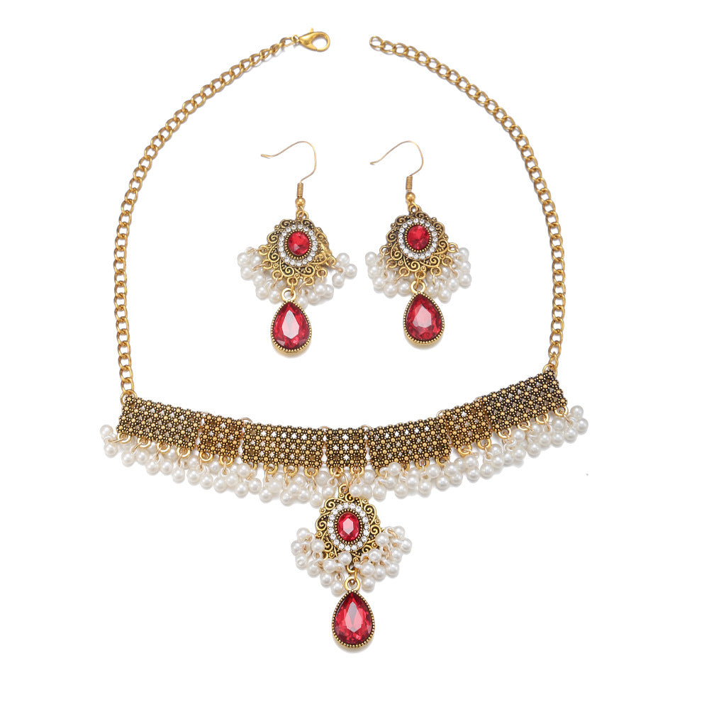 Tassel Gem Pearl Necklace and Earrings Set - Savanna Rhythms