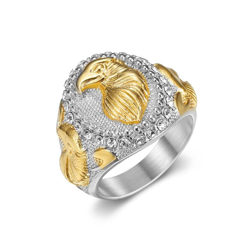 Hip Hop Ring For Men Eagle Two Tone Titanium Steel Rhinestone Gold Plated Planderful Everyday Genie