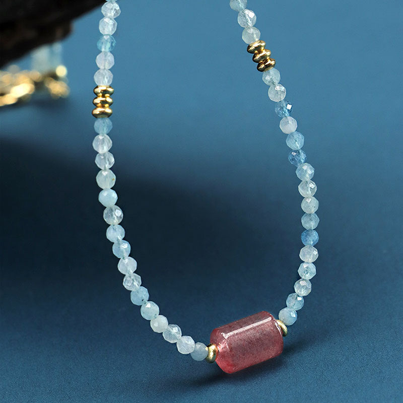Aquamarine Strawberry Quartz Crystal Necklace