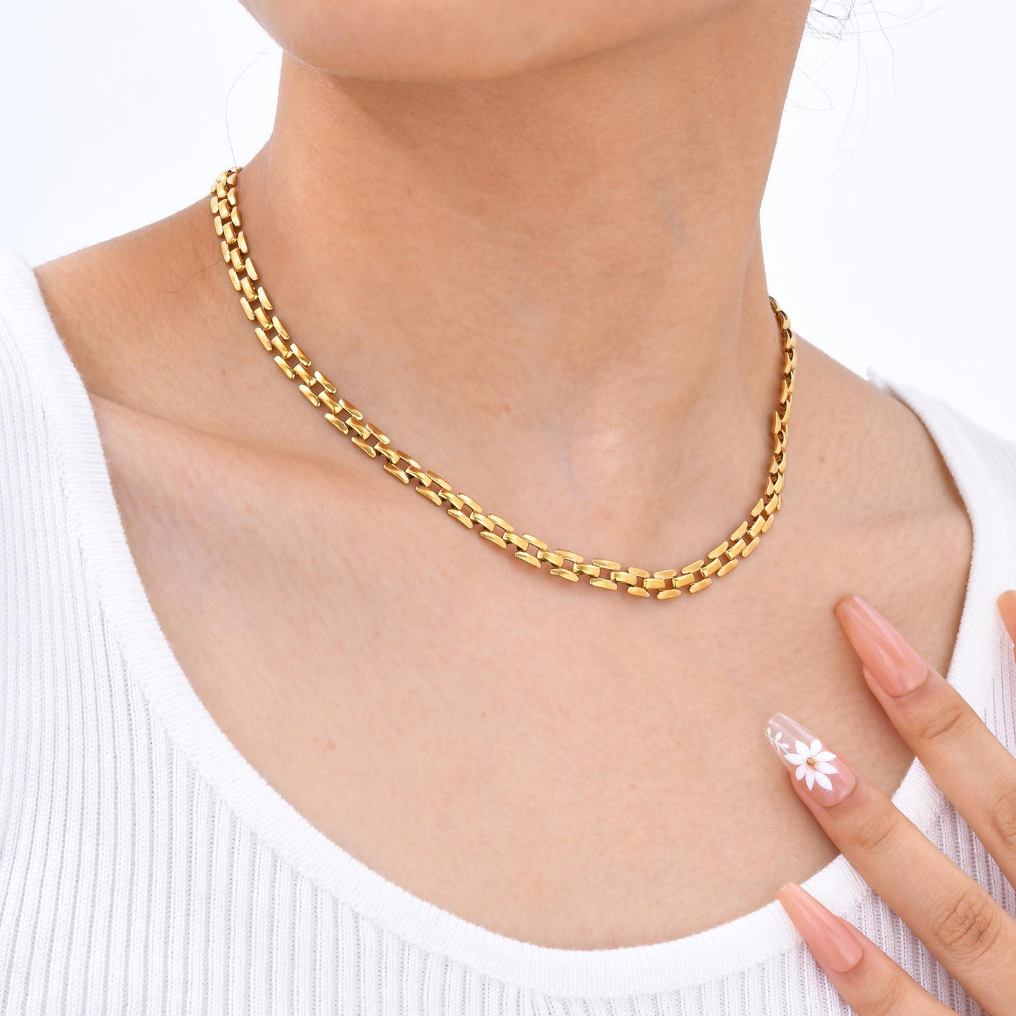 Stainless Steel Strap Chain Gold Necklace Ladies