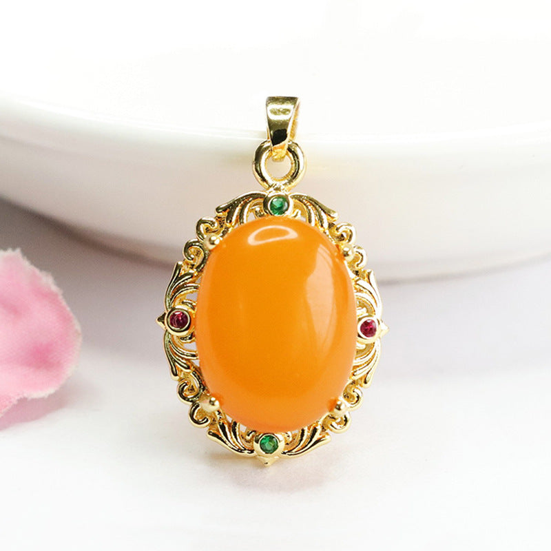 Golden Amber Honey Wax Zircon Pendant with Sterling Silver Needle