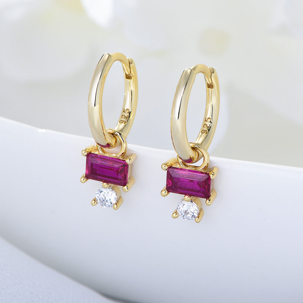 Small Fresh Square Red Zircon Earrings S925 Sterling Silver Earrings High-End Niche