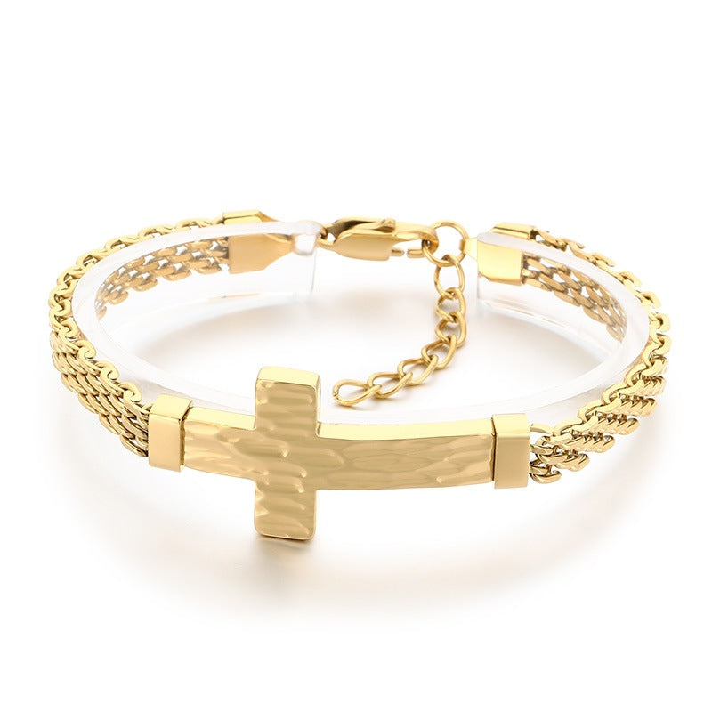 Hammer Texture Cross Stainless Steel Men's Bracelet Hand Adjustable