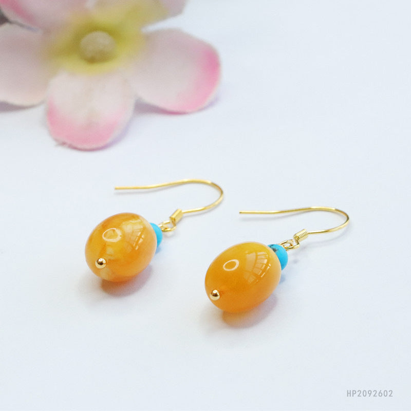 925 Sterling Silver Beeswax Amber Barrel Bead Earrings