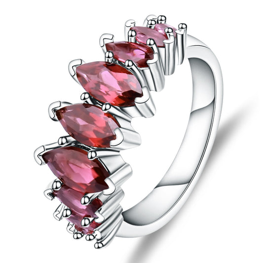 Row of Marquise Shape Natural Rose Pomegranate Silver Ring