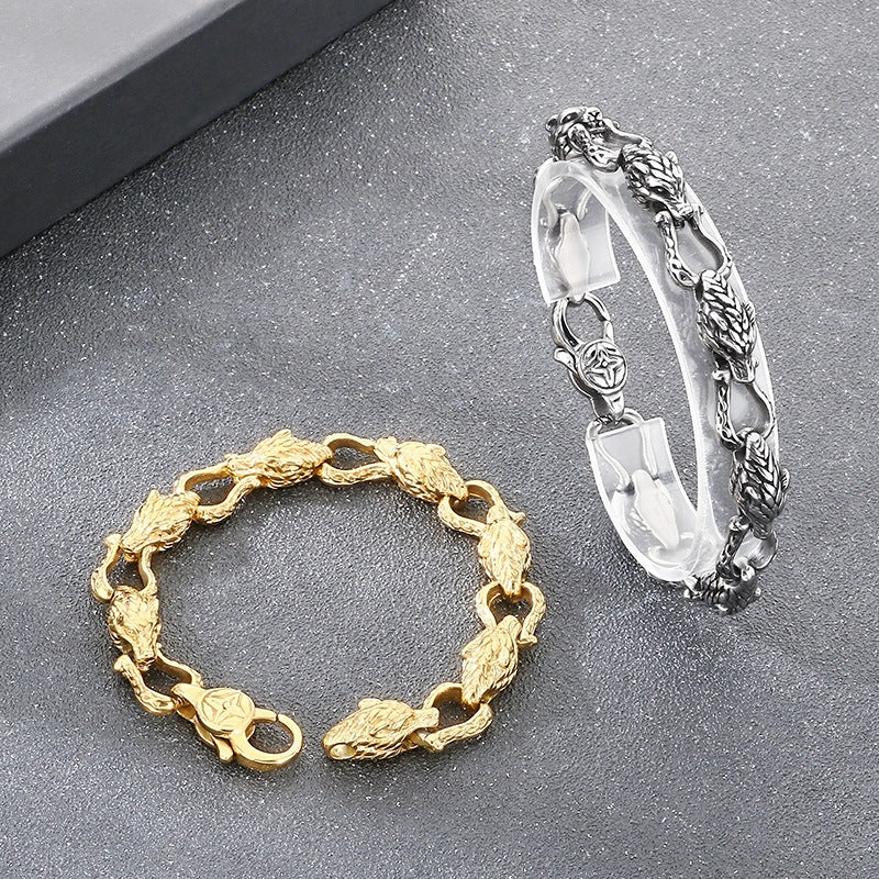 Nordic Viking Design Wolf – Antique Tail Biting Wolf Head Stainless Steel Men's Bracelet