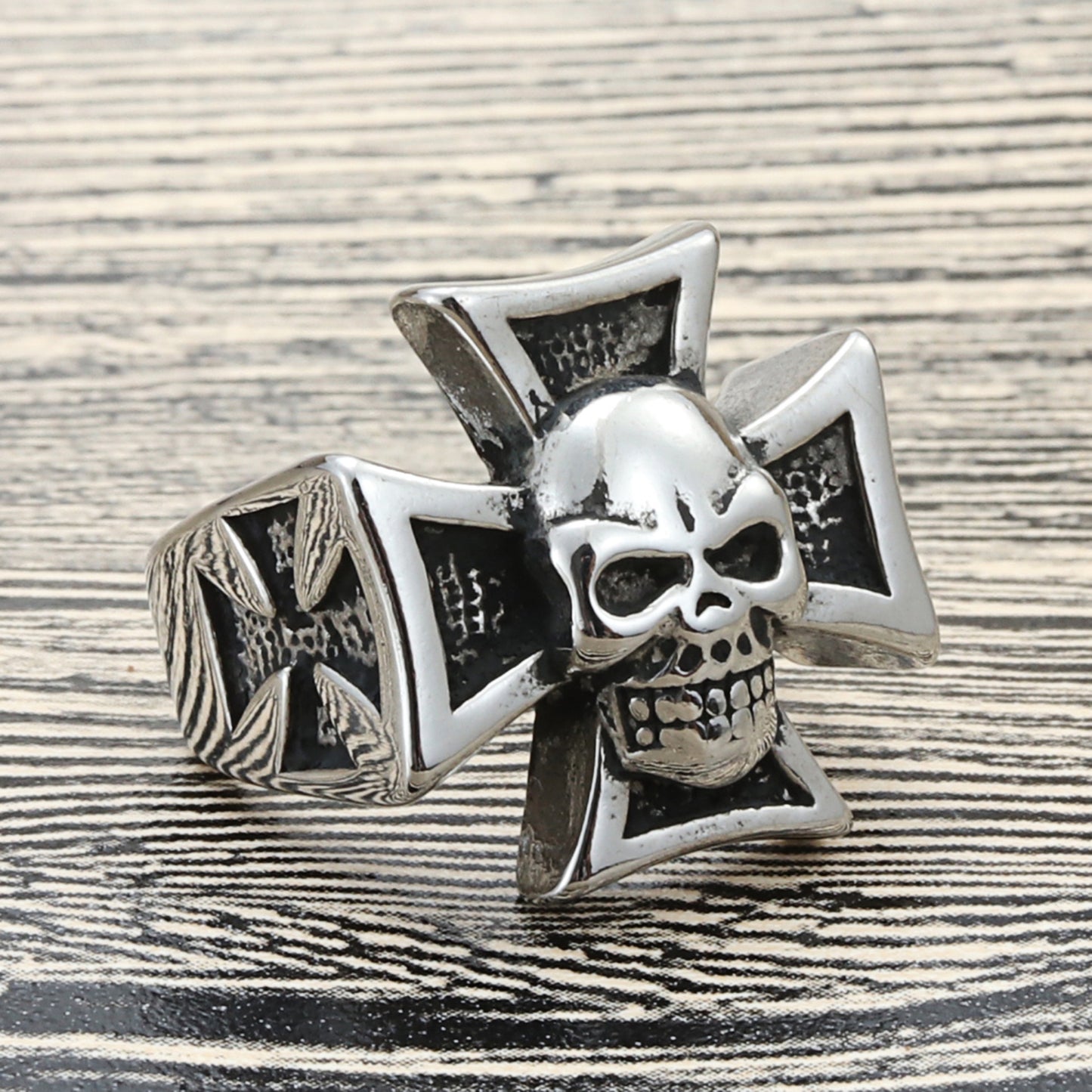 Titanium Steel Punk Skull Ring for Men - Retro Cross Design in European and American Style