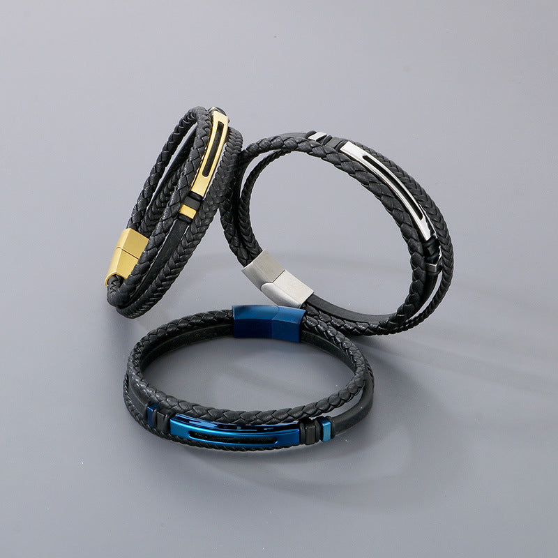 Planderful Stainless Steel Leather Rope Bracelet Men Black