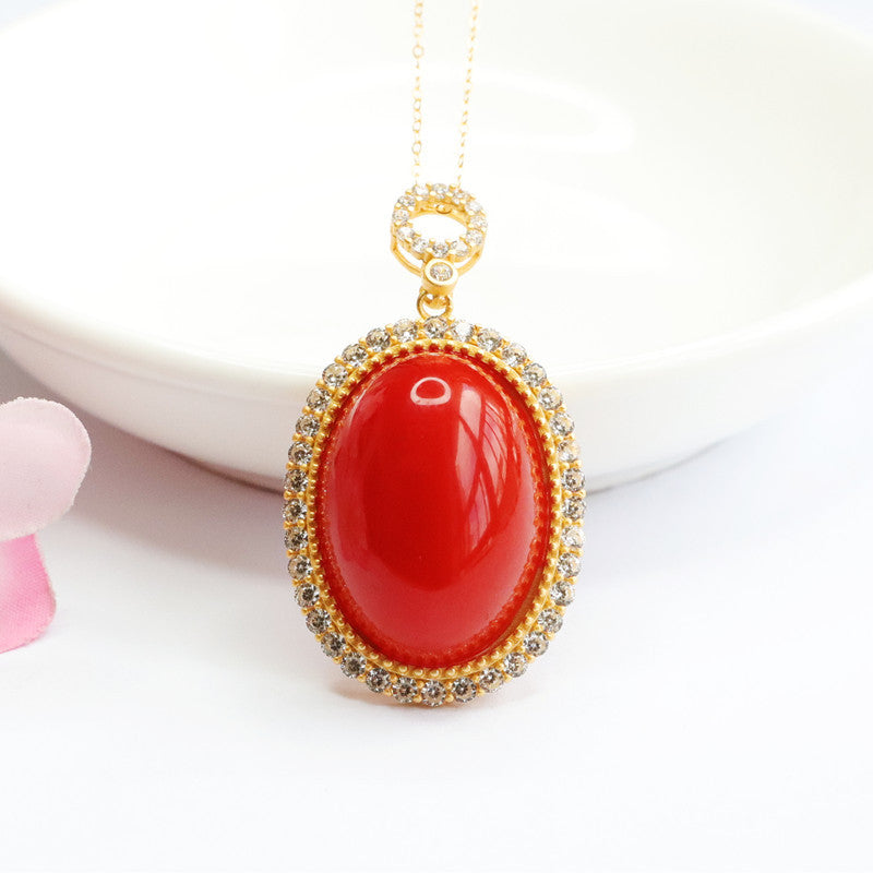 Pendant Jewelry with Natural Red Agate and Zircon Halo on Sterling Silver Necklace