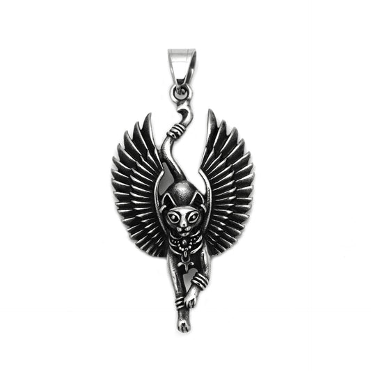 Stainless Steel Necklace - Statement Egyptian Mythology Winged Cat God Pendant For Him Gift Idea