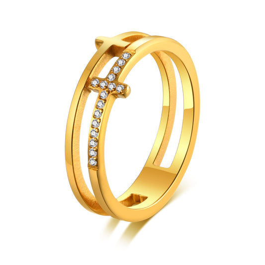 Stainless Steel Zircon Double Cross Ring Gold Women's Fashion