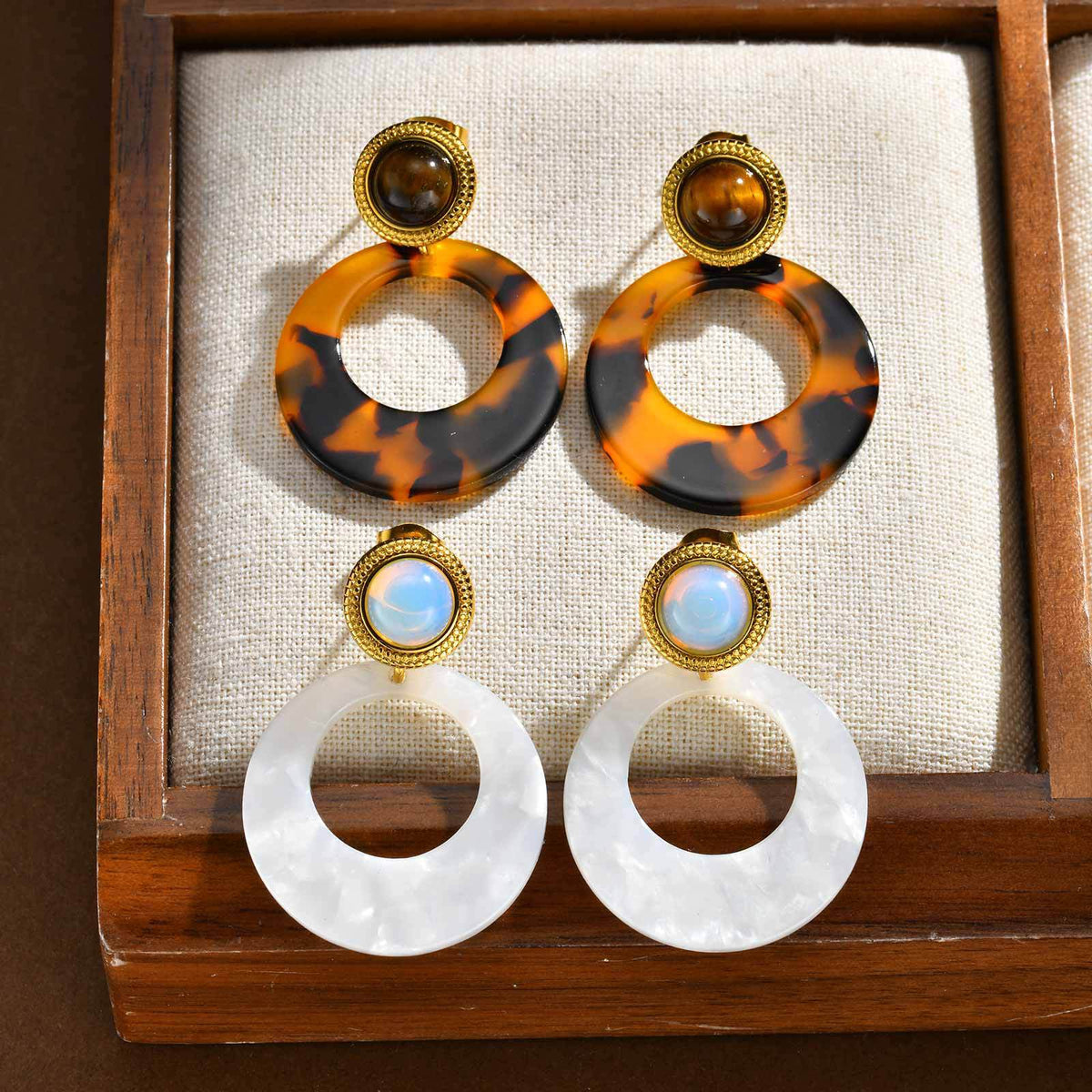 Stainless Steel Opal Tiger's Eye Vintage Earrings
