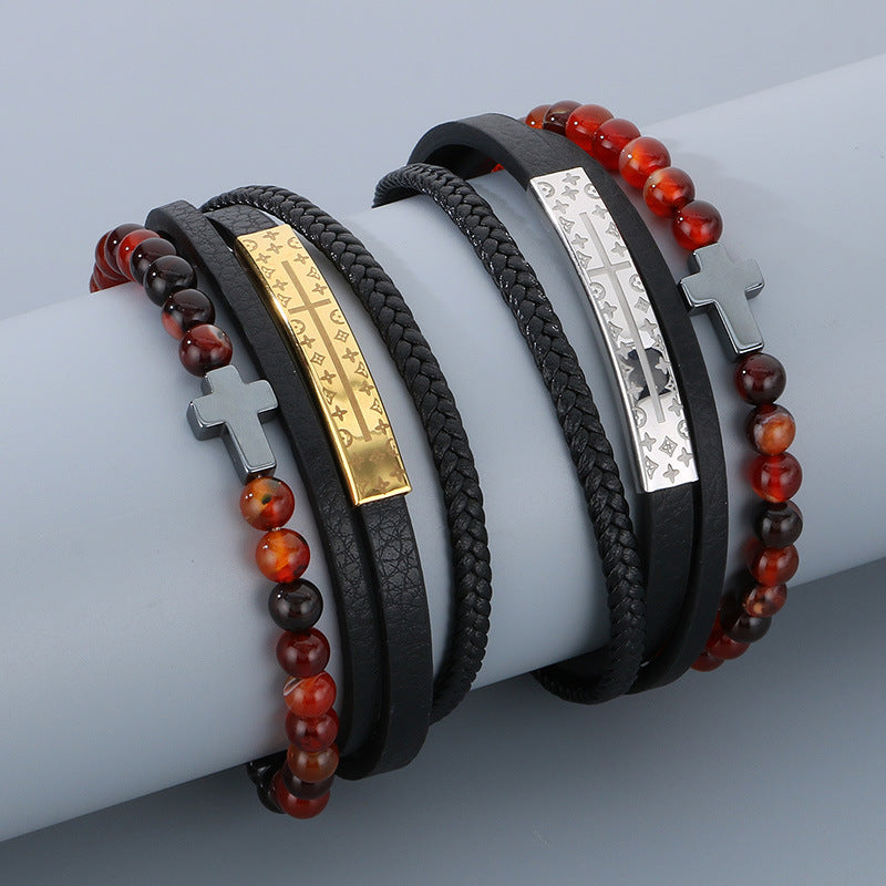 Planderful Men's Titanium Steel Cross Braided Rope Bracelet