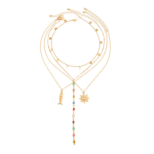 Coastal Fish, Crystal & Sun Layered Necklace