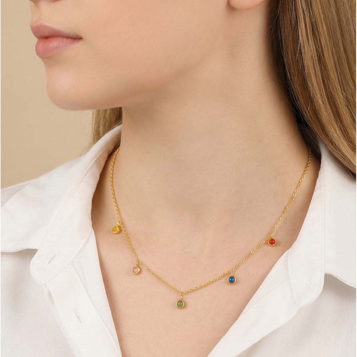 Spice Girls Design Sense Stainless Steel Natural Blue Chalcedony Colored Natural Stone Necklace
