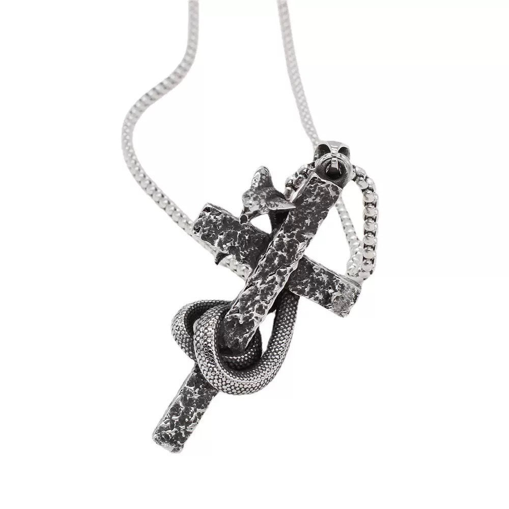 Planderful Everyday Genie Mens Punk Cross Snake Necklace Durable Titanium Steel Urban Pendant