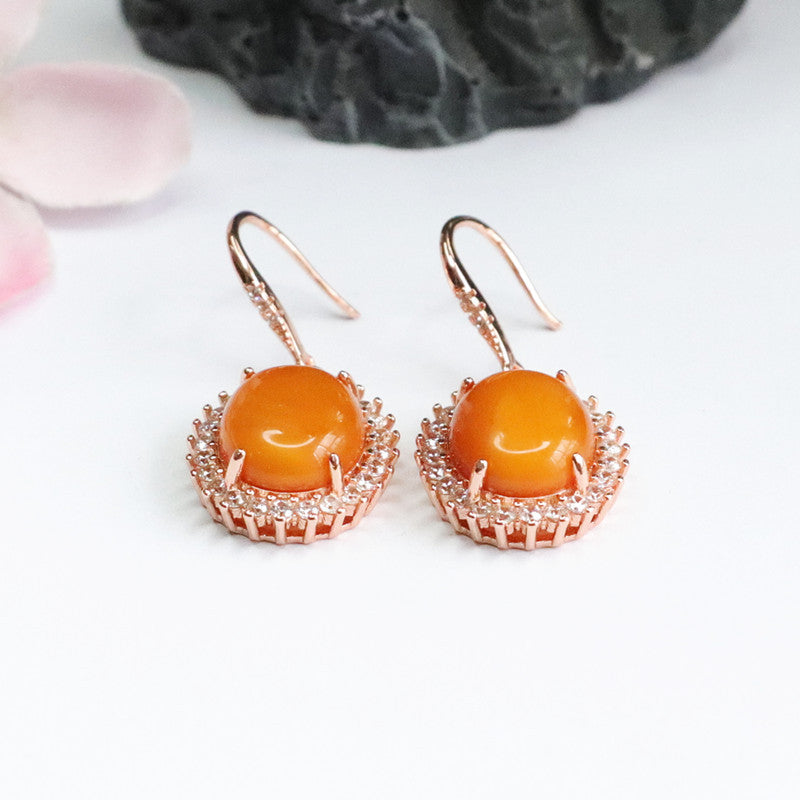 925 Sterling Silver Red Beeswax Amber Drop Earrings