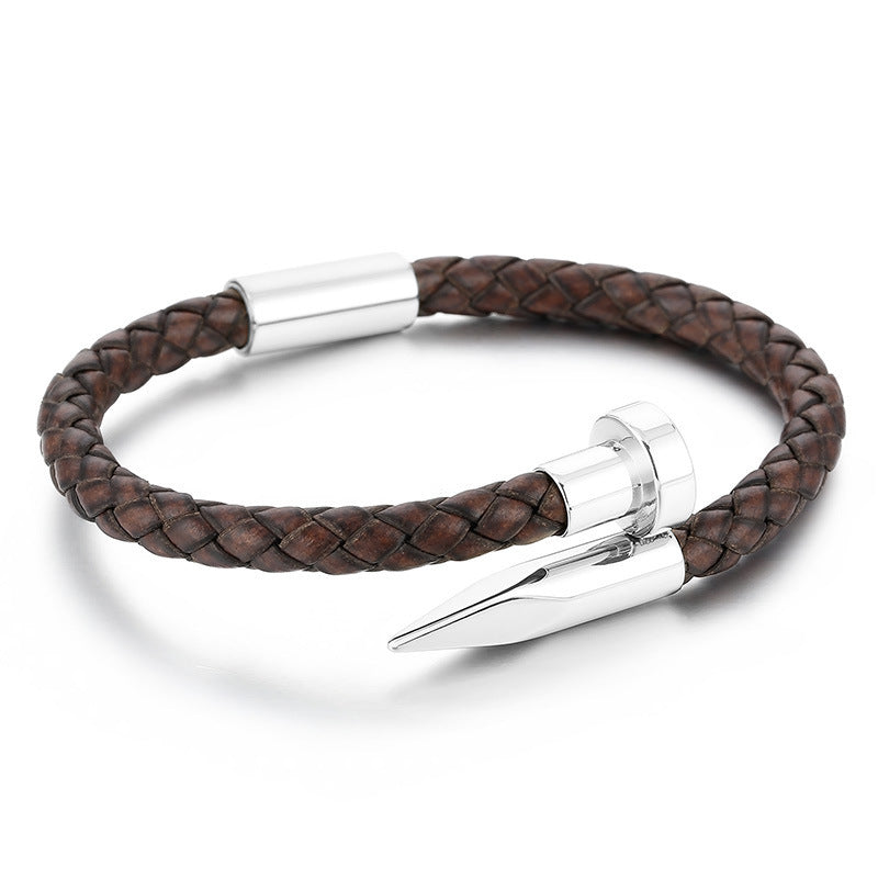 Cowhide Woven Stainless Steel Nail Bracelet – Men's Magnetic Buckle Leather Bracelet