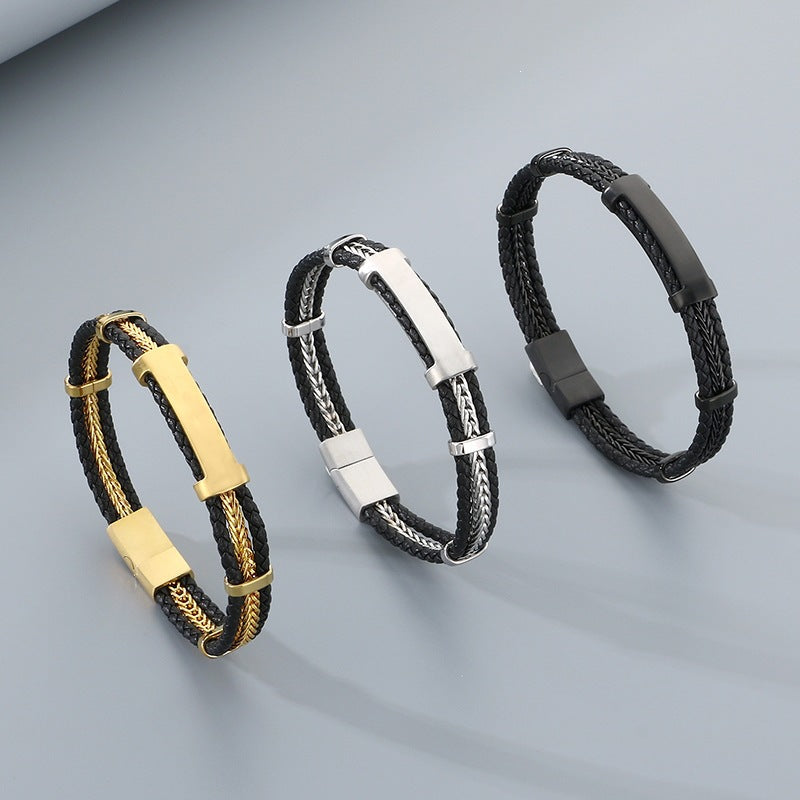 Business Men's Leather Rope Bracelet – Steel Wire Braided Multi-Layer Leather Rope