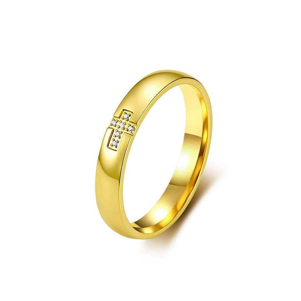 Stainless Steel Gold-Plated Zircon Cross Ring Unisex Couple Wedding