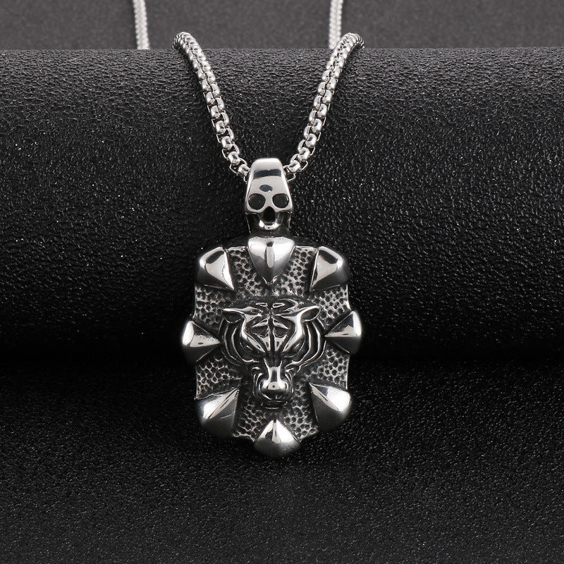 Trendy Retro Skull Army Pendant with Exaggerated Tiger Head Design, Halloween Inspired Titanium Steel Men's Necklace