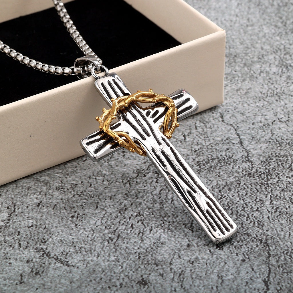 Vintage Cross Crown Stainless Steel Men's Pendant Necklace