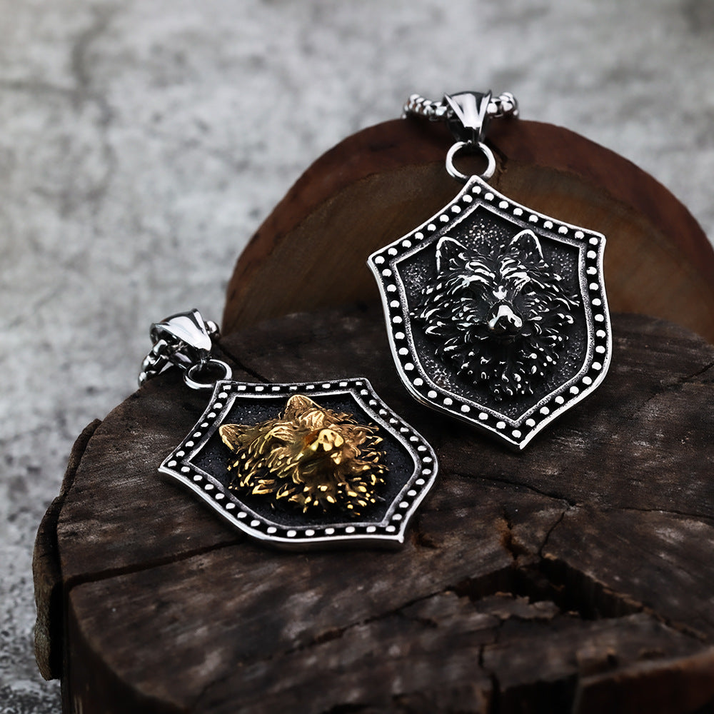 Hanging Shield Design Sense Necklace Men's Hip Hop Titanium Steel Necklace Nightclub Retro Wolf Head Pendant