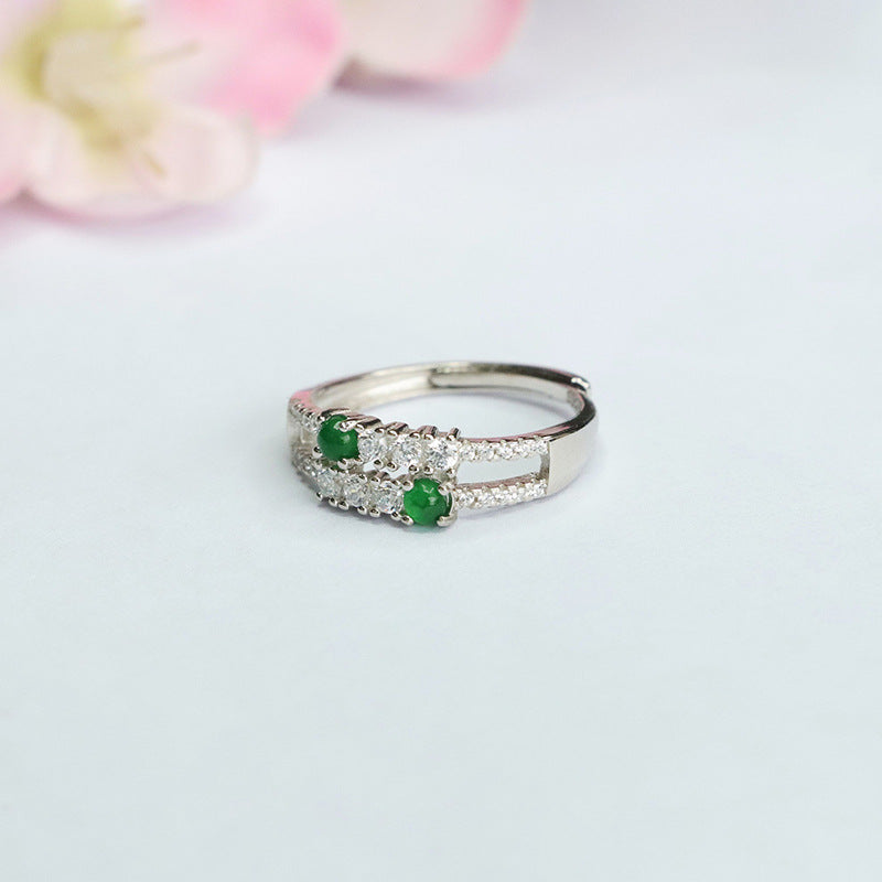 Sterling Silver Adjustable Ice Emperor Green Jade Zircon Ring