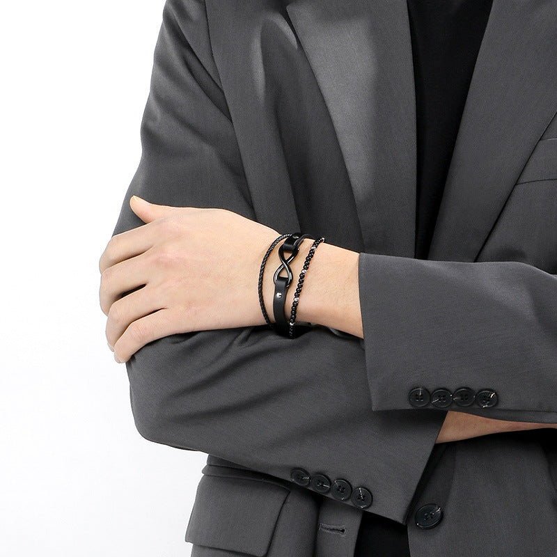 Multi-Layer Woven Leather Rope Men's Bracelet – Titanium Steel Figure-Eight Infinity