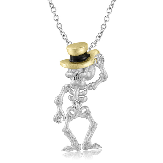 Halloween Skull Wearing Golden Top Hat Sandblasted Silver Necklace