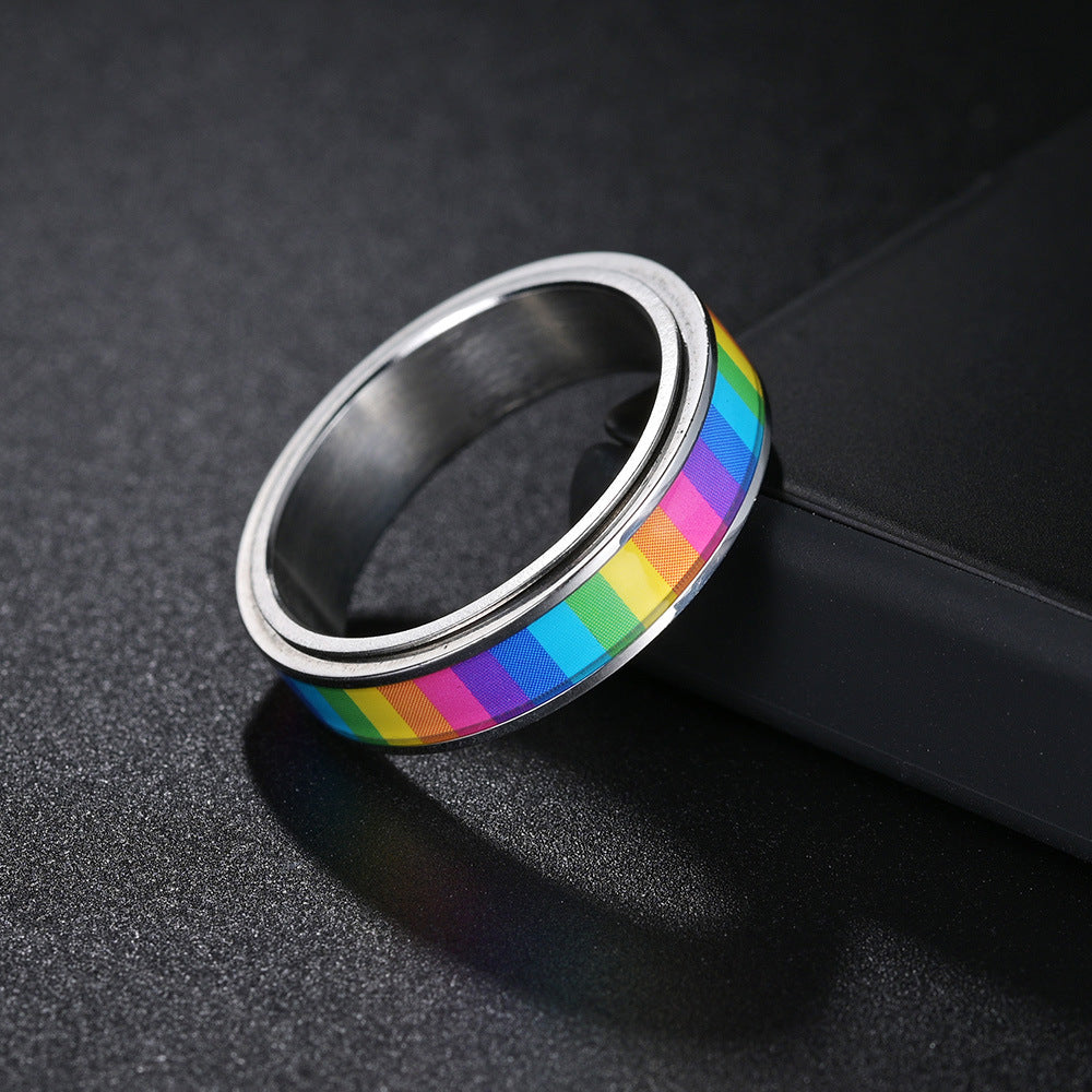 Rainbow Titanium Rotating Decompression Ring - Unisex Rainbow Jewelry