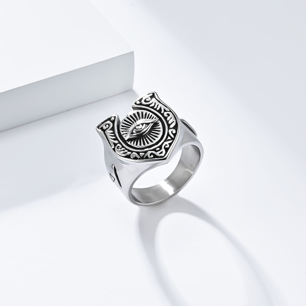 European American Retro Horseshoe Titanium Steel Ring for Men