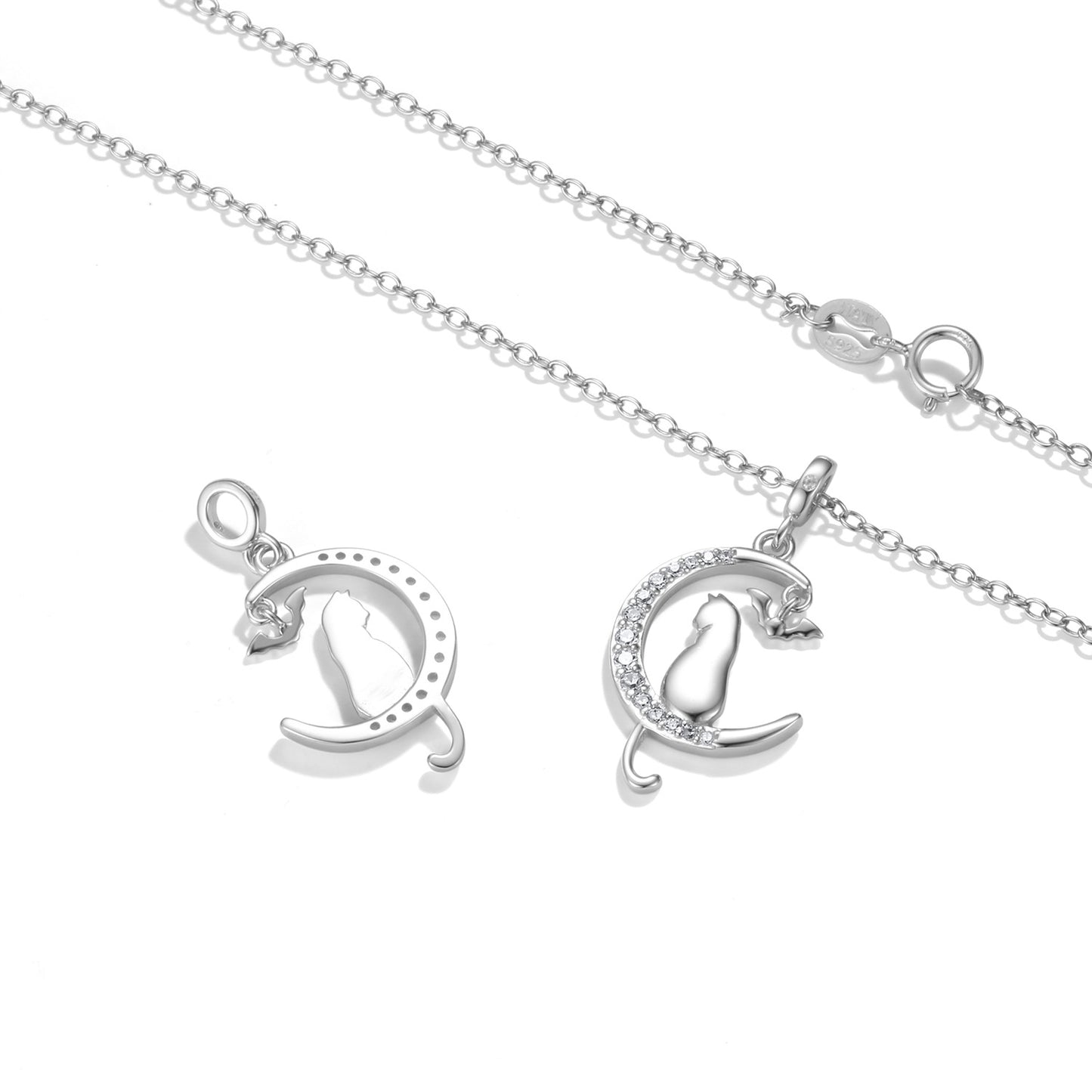 Crescent Moon with Cat and Bat Zircon Silver Necklace