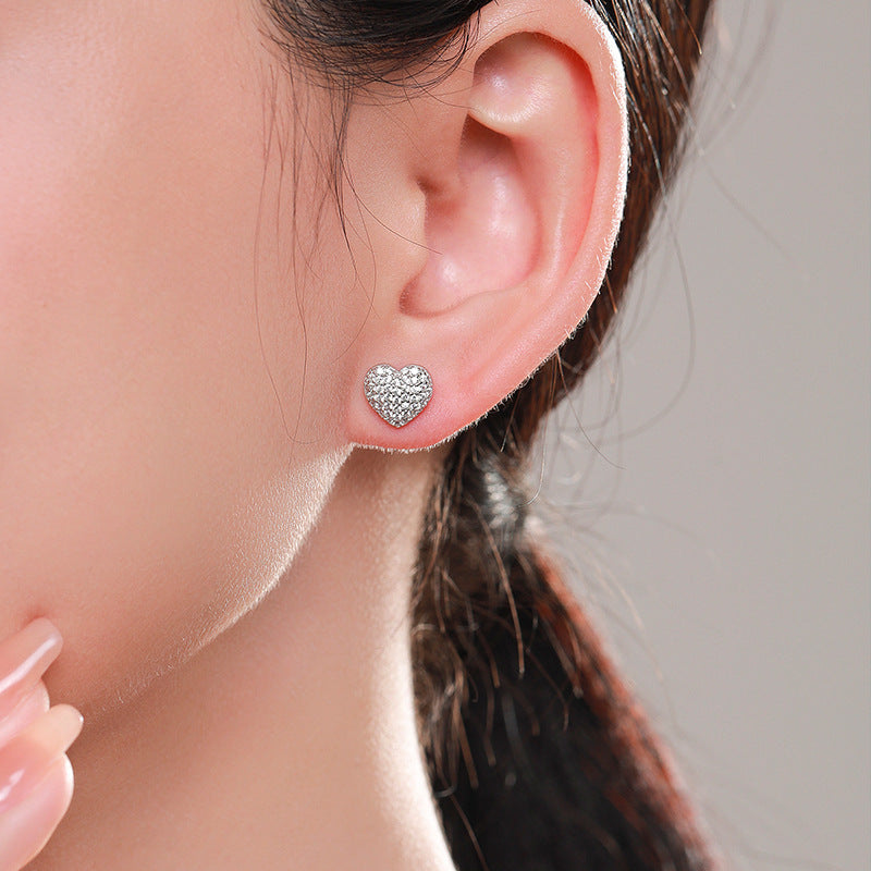 Sterling Silver Korean Fashion Heart Earrings with Micro Inlaid Zircon