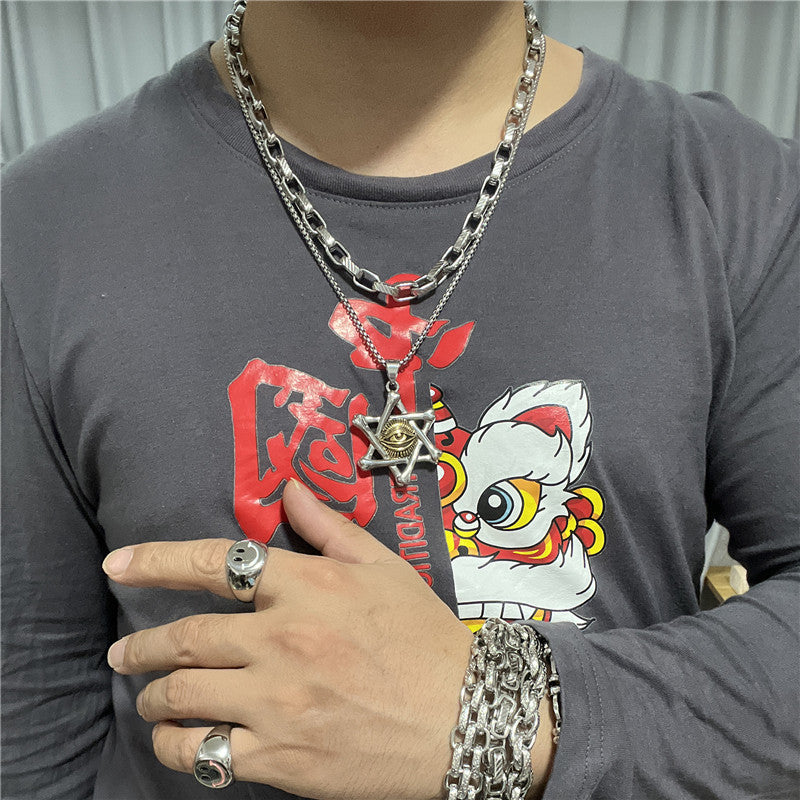 Trendy Titanium Steel Hexagram Eye of Death Pendant Necklace for Men