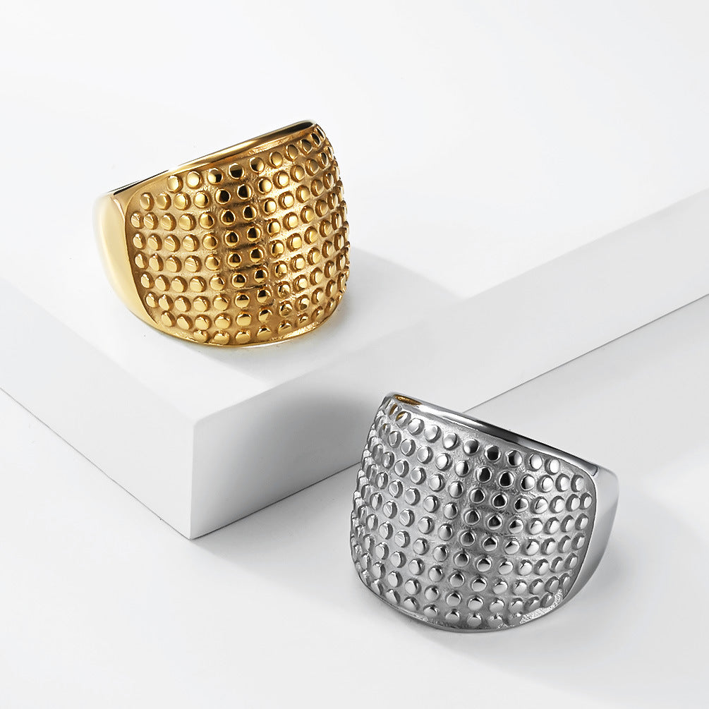 Planderful Everyday Genie Unisex Stainless Steel Ring Gold Plated Hammer Dot Texture Glossy Finish