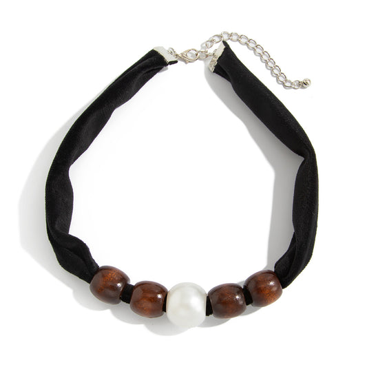 Wood Bead Pearl-Style Collarbone Necklace