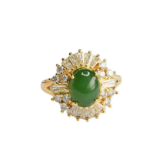 Green Jade Sterling Silver Ring with Zircon Halo