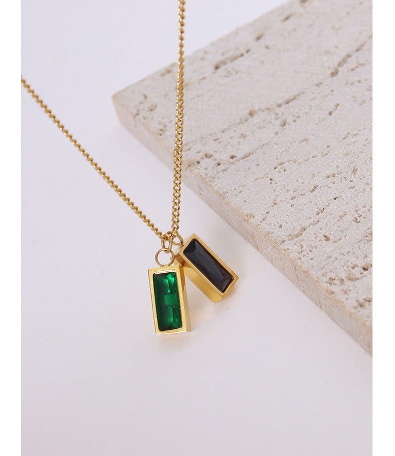 Emerald Zircon Pendant Necklace with French-Inspired Titanium Steel Plating