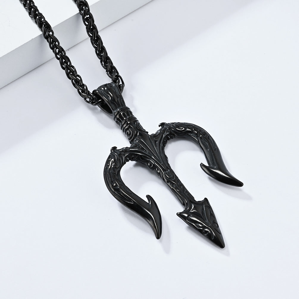 Steel Necklace - Vintage Trident Pendant For Men Everyday Hip Hop Jewelry By Planderful