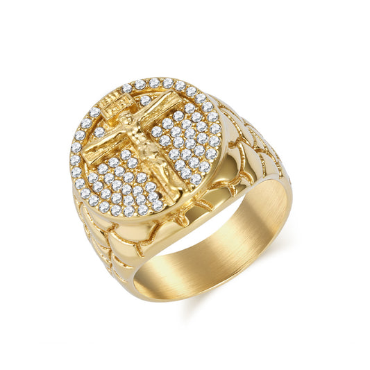 Planderful Mens Titanium 18K Gold Plated Cross Ring With Zircon Hip Hop Jewelry For Men