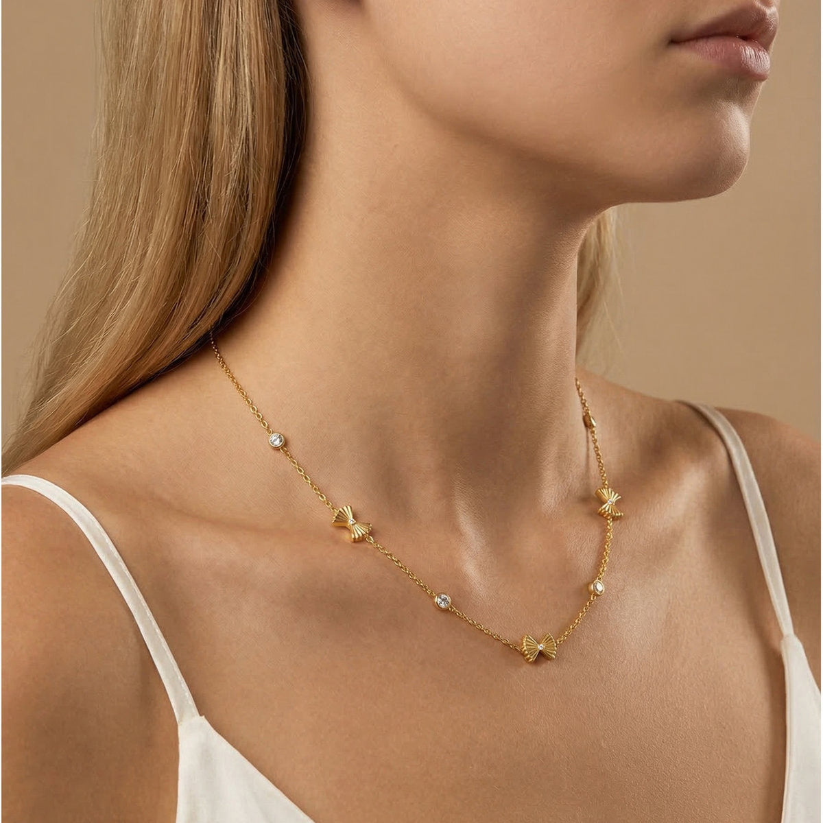 Stainless Steel Bow Zircon Women's Neck Chain Necklace