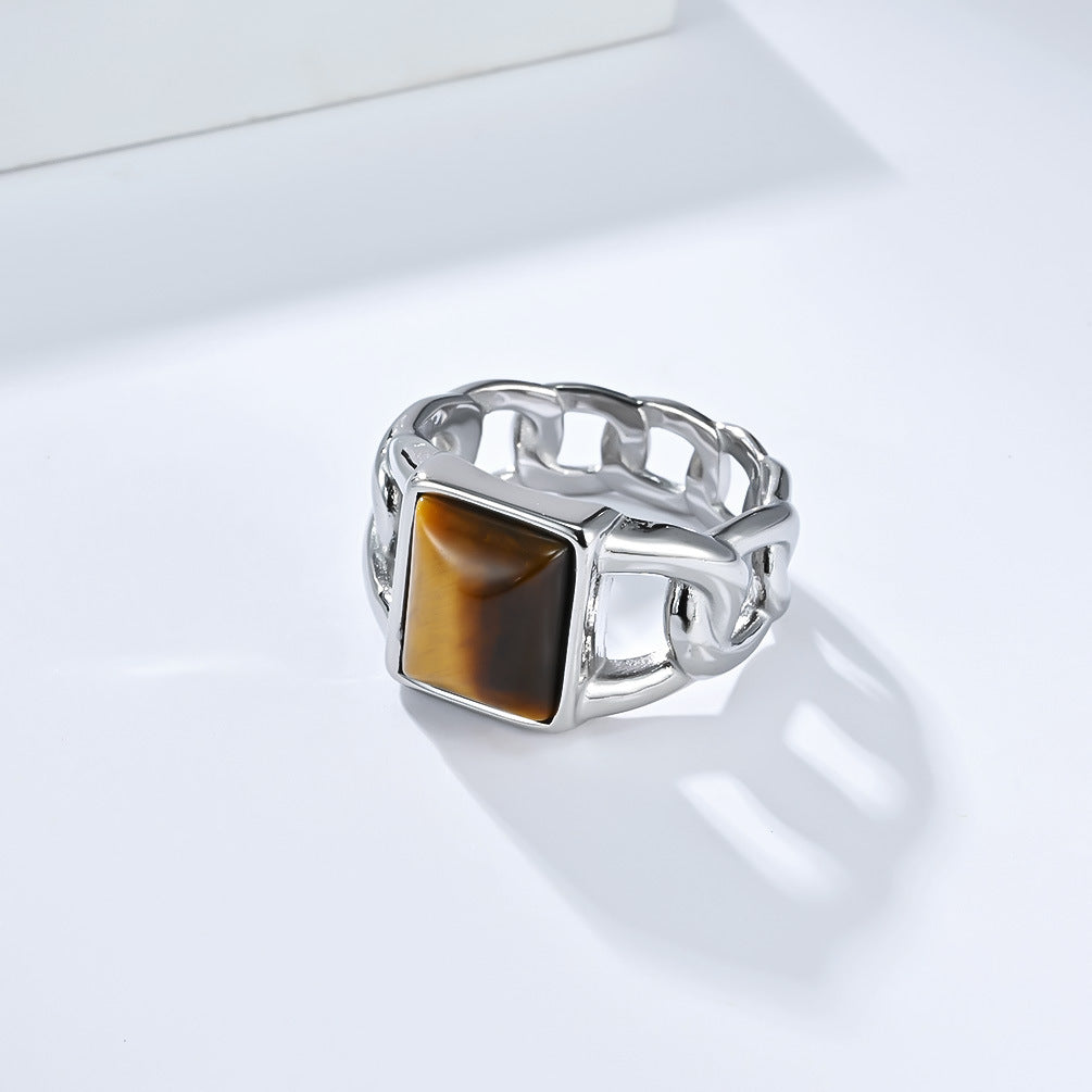 Planderful Premium Tiger Eye Ring For Men Titanium Steel Cuban Chain Hip Hop Style Jewelry