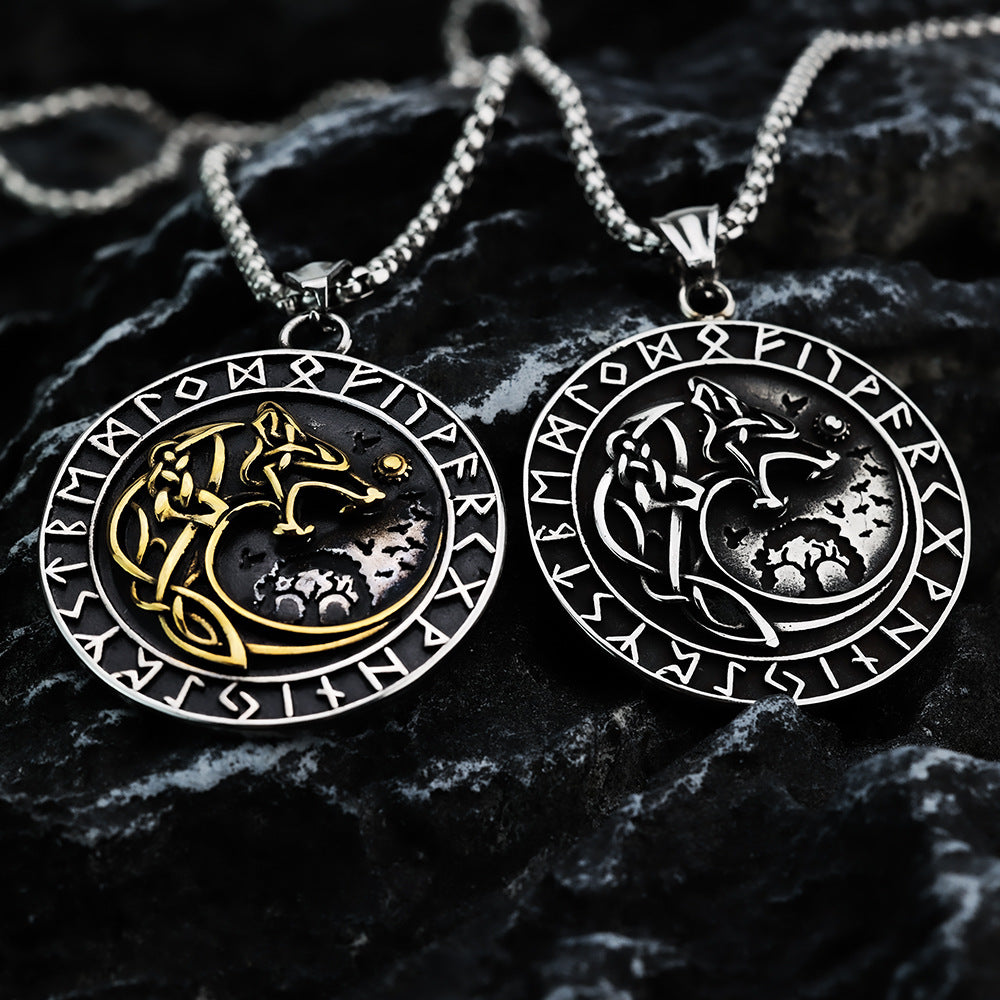 Vintage Stainless Steel Men's Pendant Viking Wolf Compass