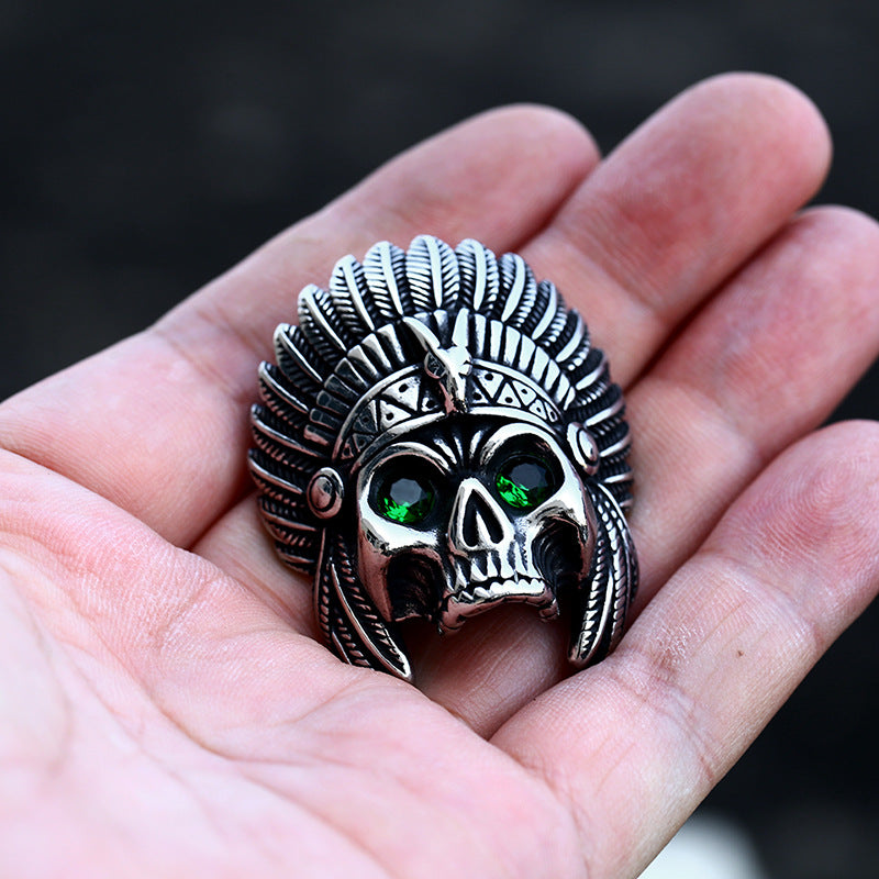 Exaggerated Titanium Steel Skull Pendant for Men - Punk European and American Indian Chief Design