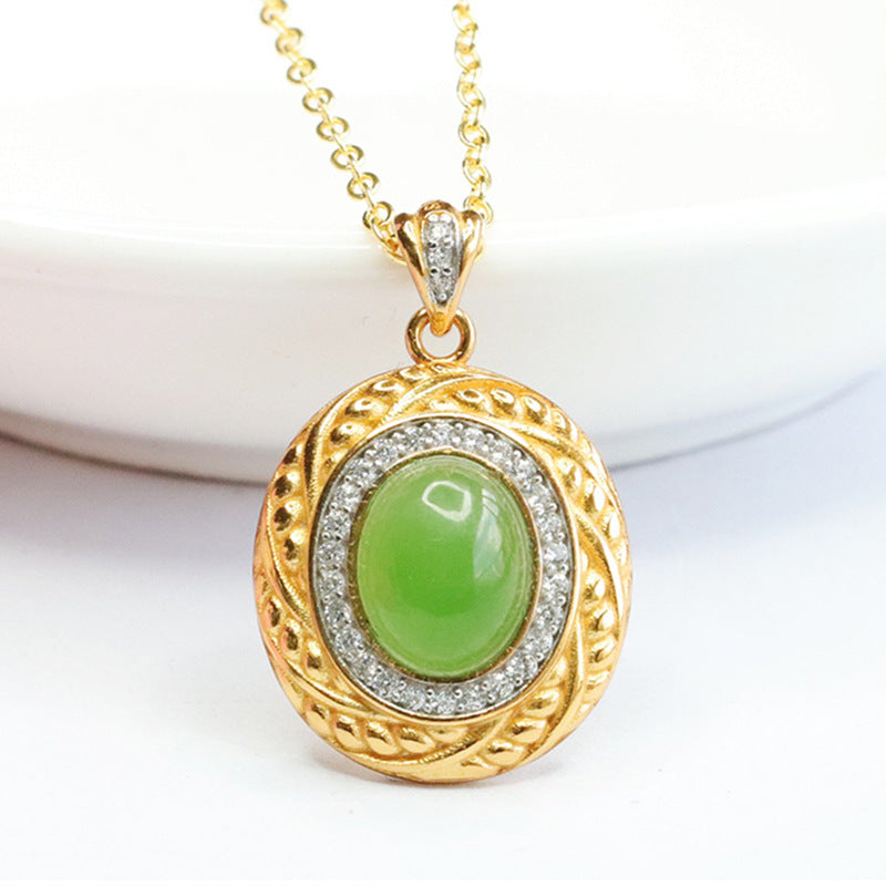 Vintage Antique Necklace with Hotan Jade and Zircon Oval Pendant